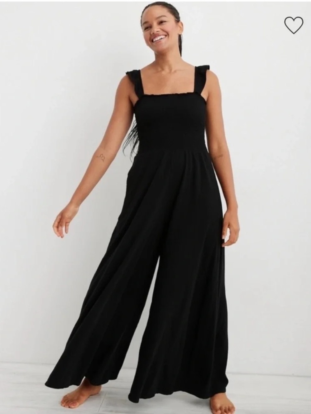 aerie Black Smocked Wide-Leg Jumpsuit with Ruffle Straps